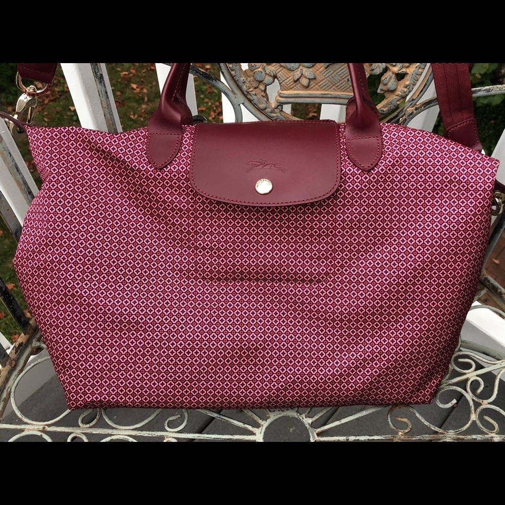 Longchamp medium size red ditsy print